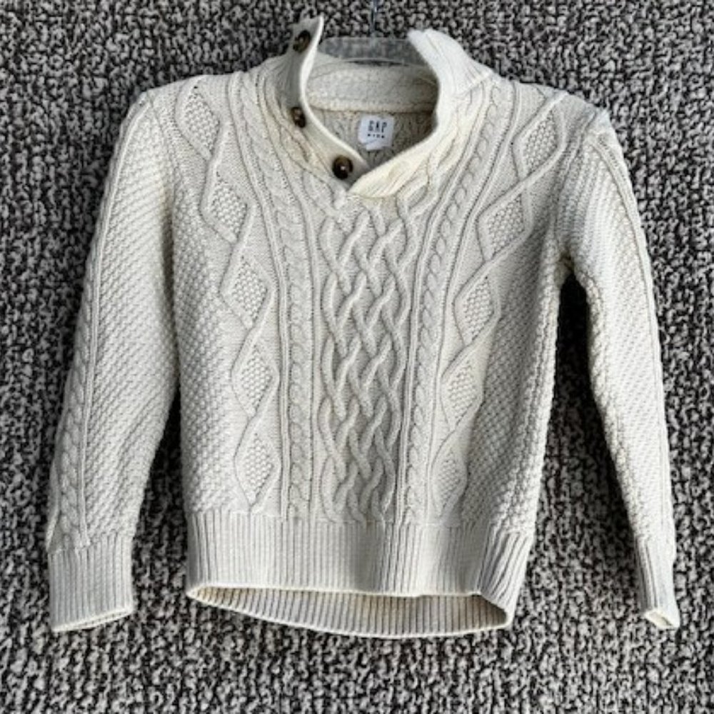 GAP Cable Children's Cream Button Top Faux Fur Neck Trim Cable Knit Sweater